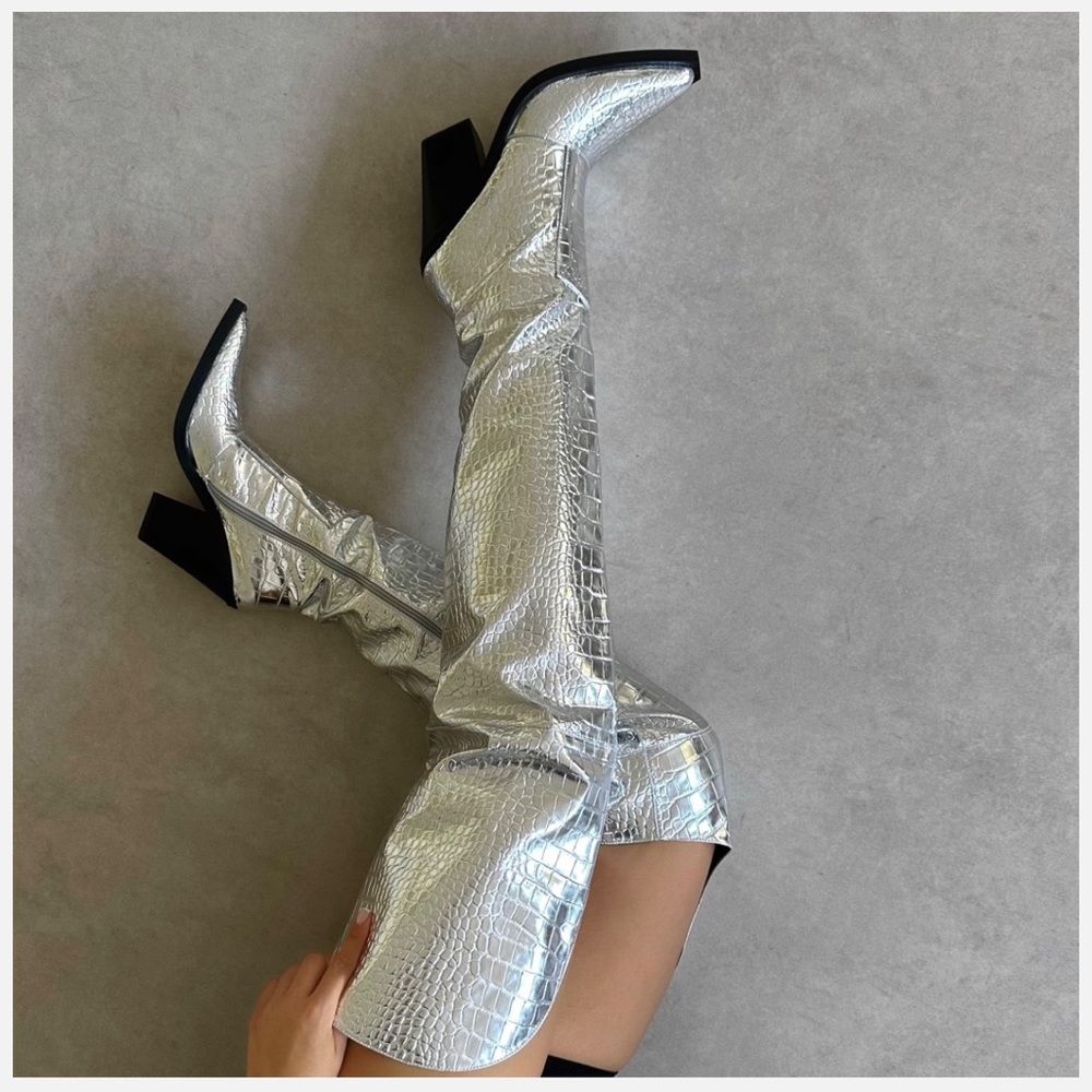 SILVER METALLIC FAUX CROC THIGH HIGH WESTERN BOOTS
